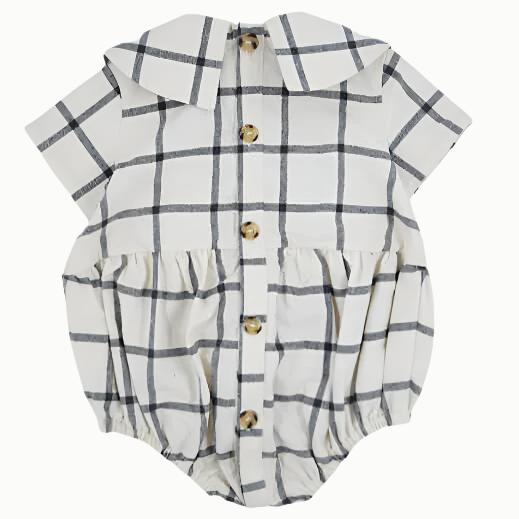 Back view of premium European checkered romper for babies