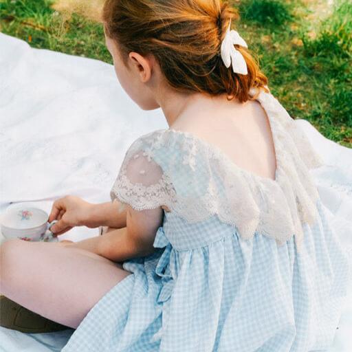 back view of girl wearing premium European blue gingham dress