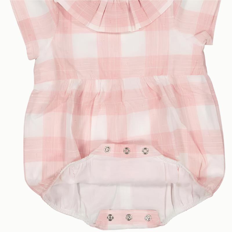 Premium European pink checkered romper for babies with snap closure